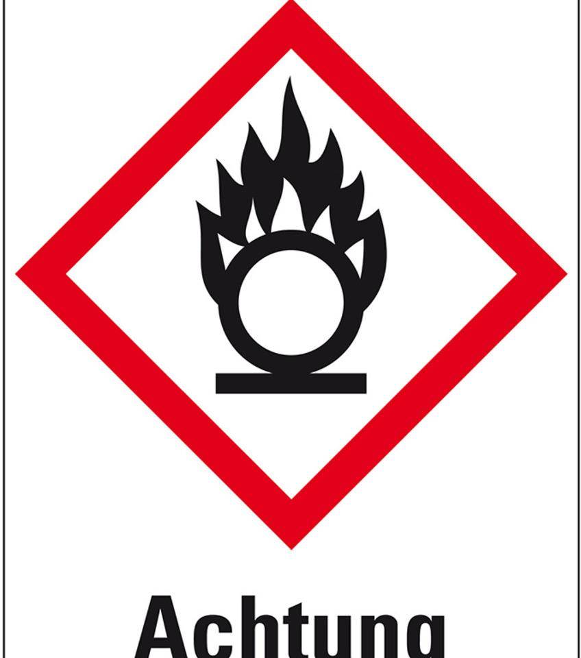 Gefahrensymbol Flamme über Kreis GHS 03, Achtung, Haftpapier, 74x105mm, 1000/Rolle, GHS-Verordnung