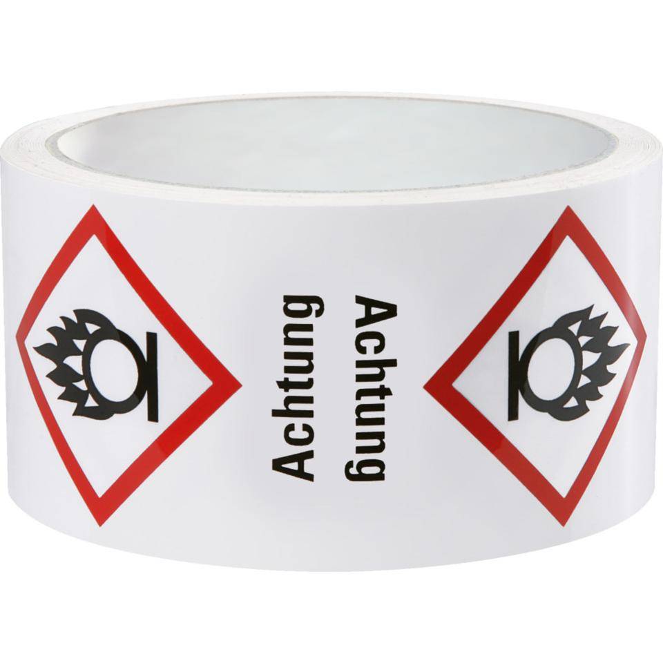 Gefahrensymbol Flamme über Kreis GHS 03, Achtung, Haftpapier, 74x105mm, 1000/Rolle, GHS-Verordnung