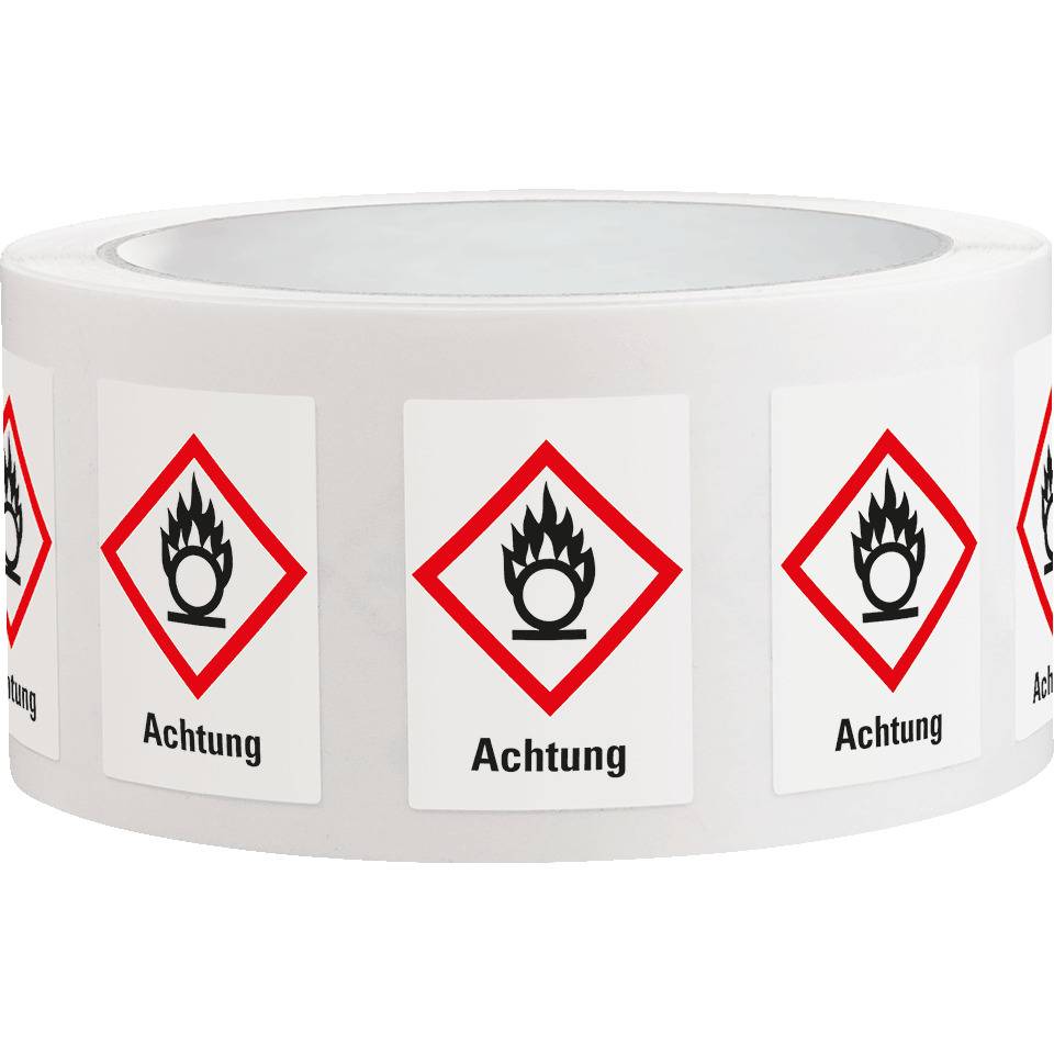 Gefahrensymbol Flamme über Kreis GHS 03, Achtung, Haftpapier, 18x26mm, 1000/Rolle, GHS-Verordnung