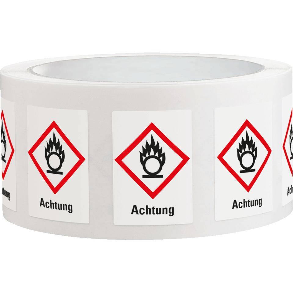 Gefahrensymbol Flamme über Kreis GHS 03, Achtung, Haftpapier, 37x52mm, 1000/Rolle, GHS-Verordnung