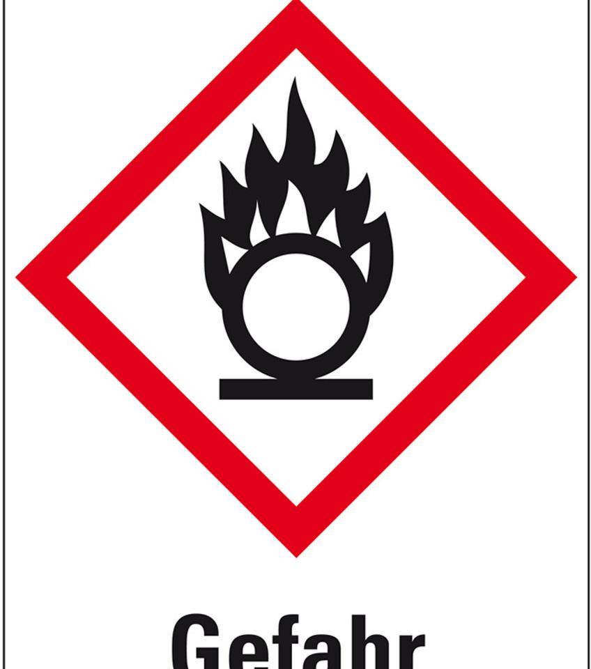 Gefahrensymbol Flamme über Kreis GHS 03, Gefahr, Haftpapier, 18x26mm, 1000/Rolle, GHS-Verordnung