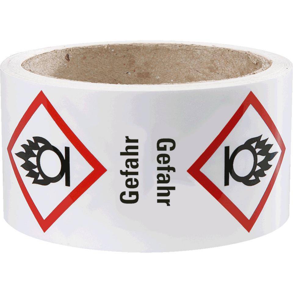 Gefahrensymbol Flamme über Kreis GHS 03, Gefahr, Folie, 52x74mm,500/Rolle, GHS-Verordnung
