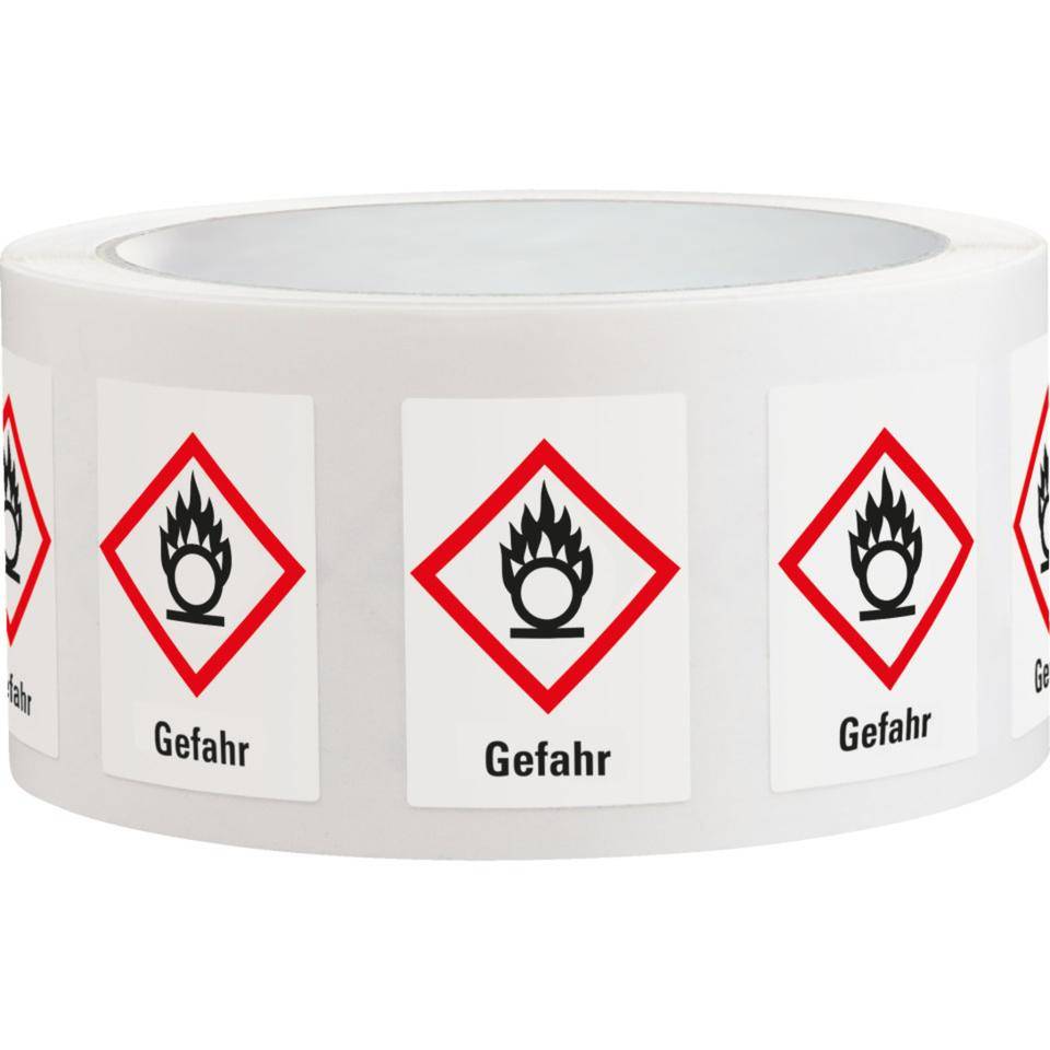 Gefahrensymbol Flamme über Kreis GHS 03, Gefahr, Haftpapier, 18x26mm, 1000/Rolle, GHS-Verordnung