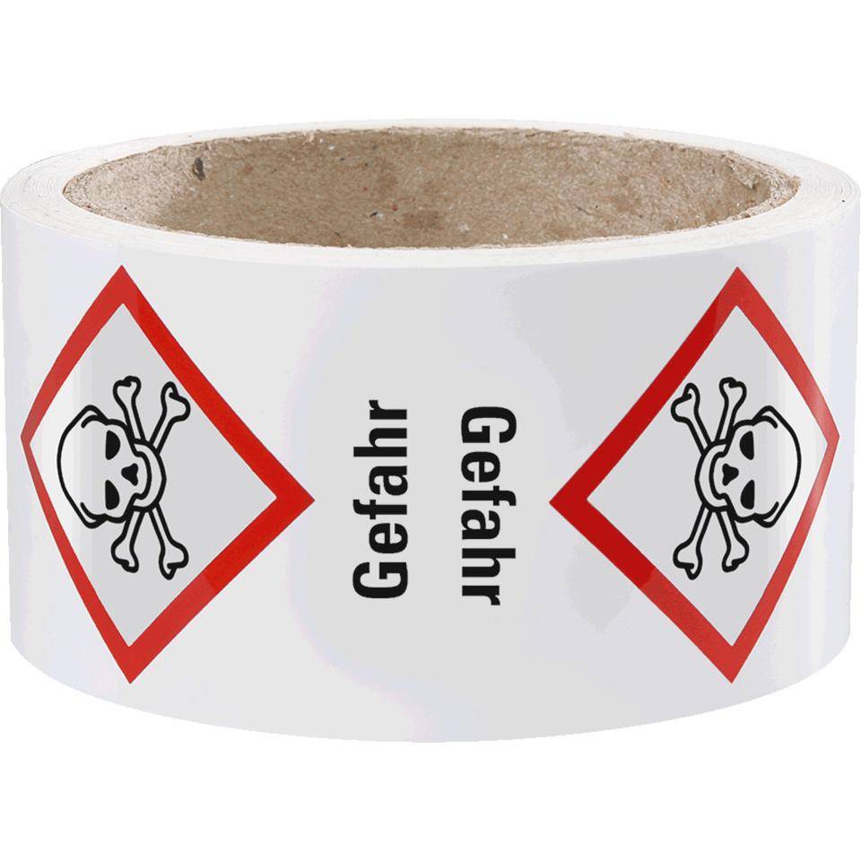 Gefahrensymbol Totenkopf mit gekreuzten Knochen GHS 06, Gefahr, Folie, 52x74mm, 500/Rolle, GHS-Verordnung