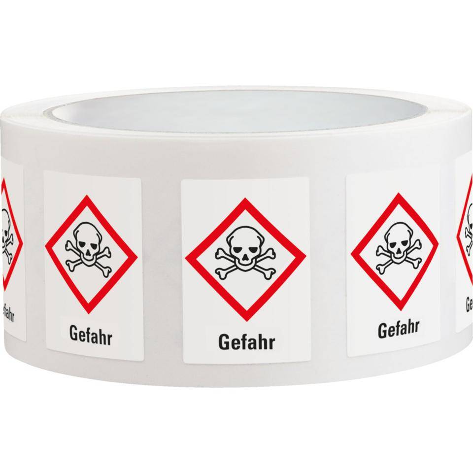 Gefahrensymbol Totenkopf mit gekreuzten Knochen, GHS 06, Gefahr,Folie, 26x37mm, 500/Rolle, GHS-Verordnung
