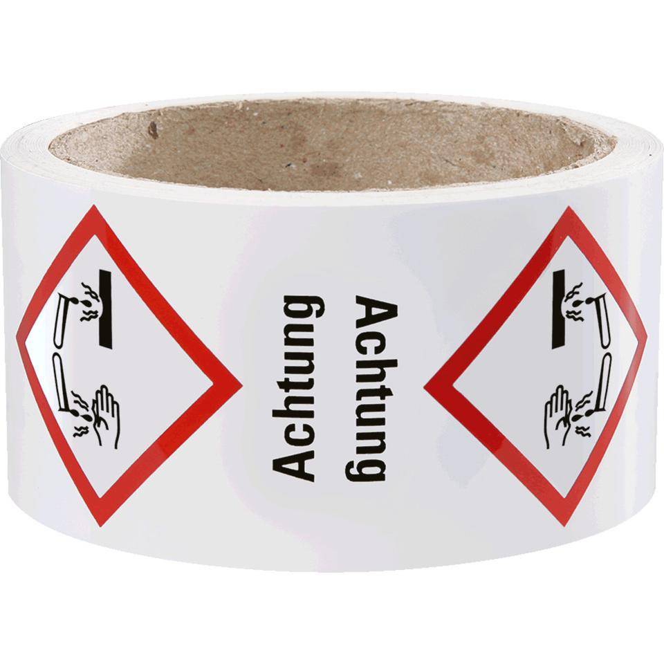Gefahrensymbol Ätzwirkung GHS 05, Achtung, Haftpapier, 52x74mm, 1000/Rolle, GHS-Verordnung