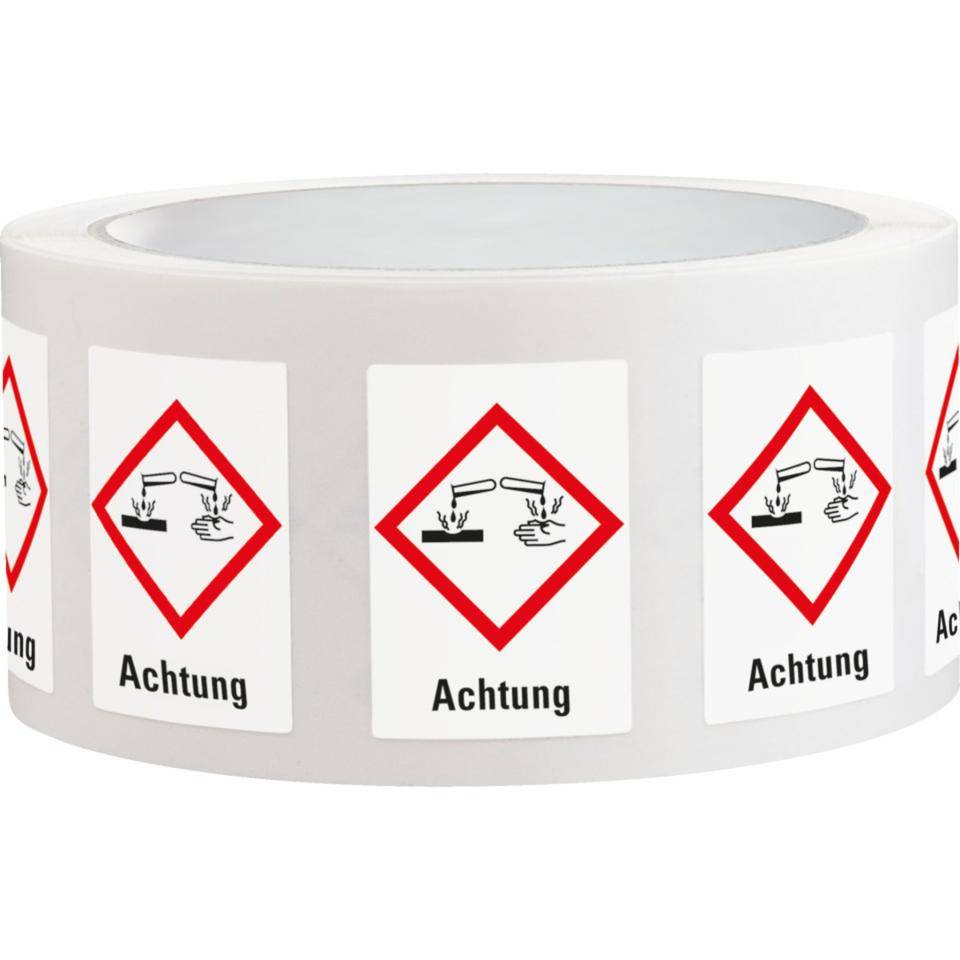Gefahrensymbol Ätzwirkung GHS 05, Achtung, Haftpapier, 18x26mm, 1000/Rolle, GHS-Verordnung