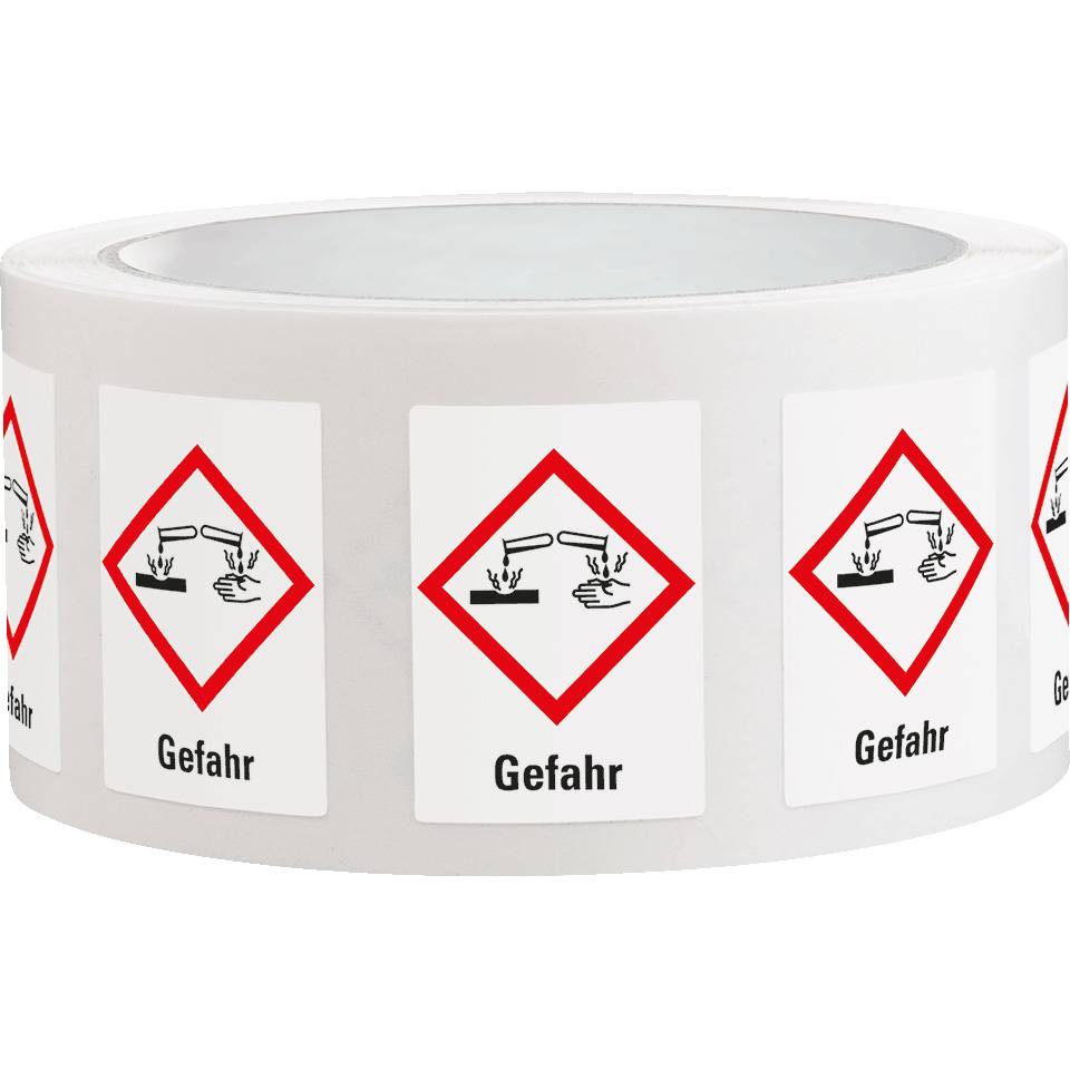 Gefahrensymbol Ätzwirkung GHS 05, Gefahr, Folie, 52x74mm, 500/Rolle, GHS-Verordnung