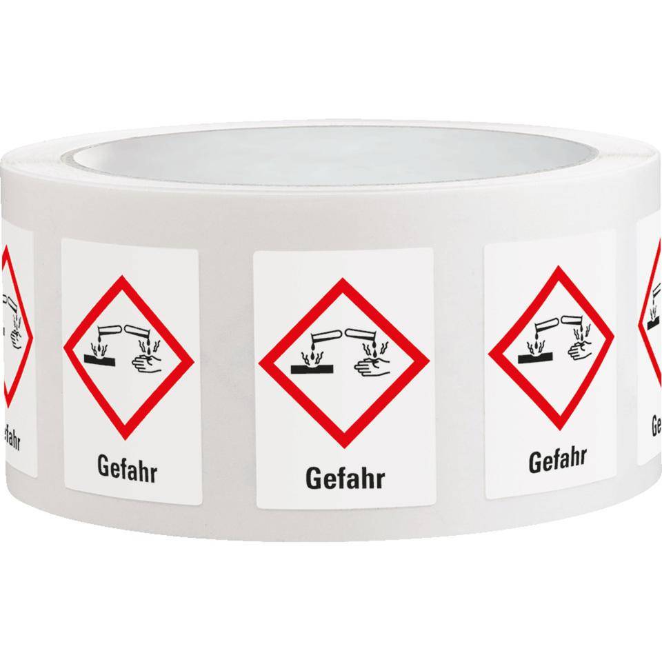 Gefahrensymbol Ätzwirkung GHS 05, Gefahr, Haftpapier, 26x37mm, 1000/Rolle, GHS-Verordnung