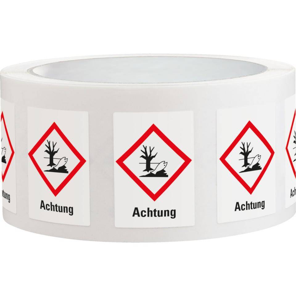 Gefahrensymbol Umwelt GHS 09, Achtung, Folie, 26x37mm, 500/Rolle, GHS-Verordnung