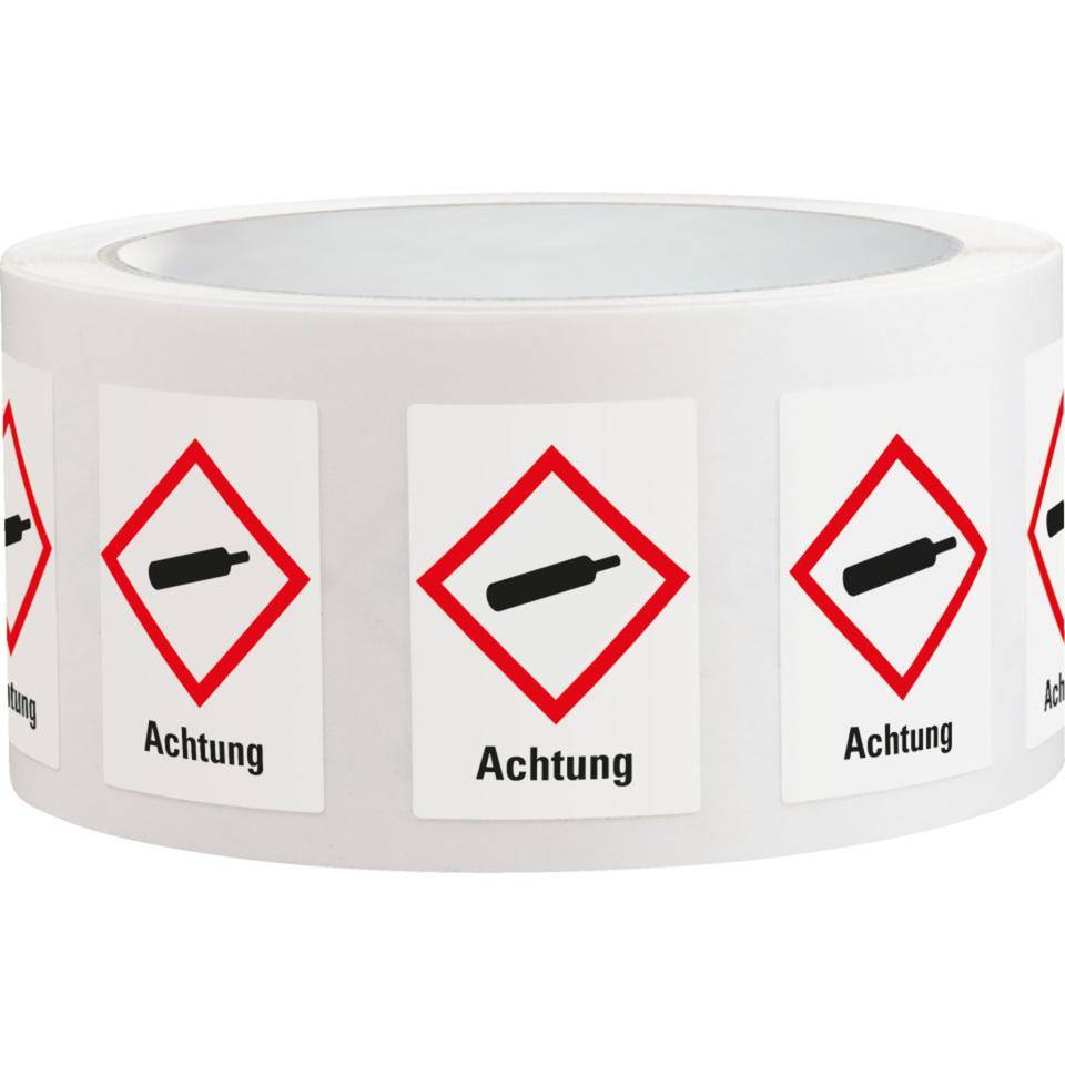 Gefahrensymbol Gasflasche GHS 04, Achtung, Haftpapier, 37x52mm, 1000/Rolle, GHS-Verordnung
