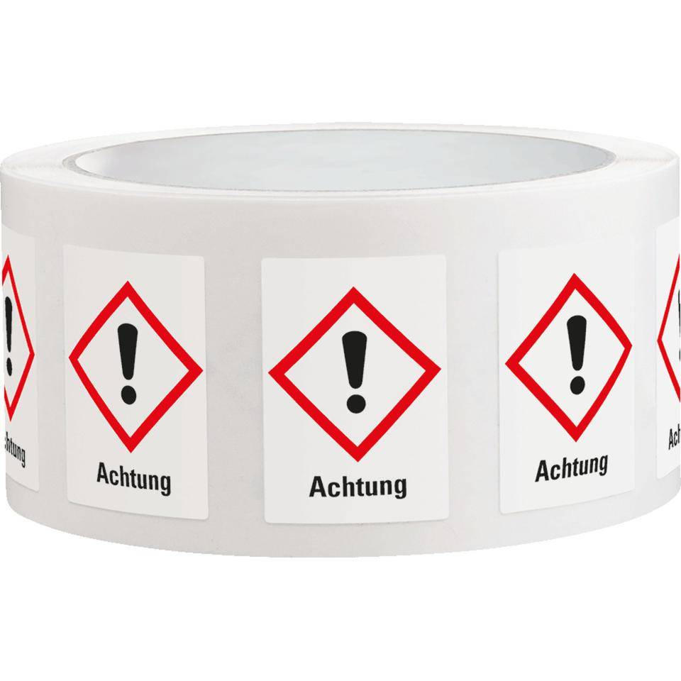Gefahrensymbol Ausrufezeichen GHS 07, Achtung, Folie, 26x37mm, 500/Rolle, GHS-Verordnung