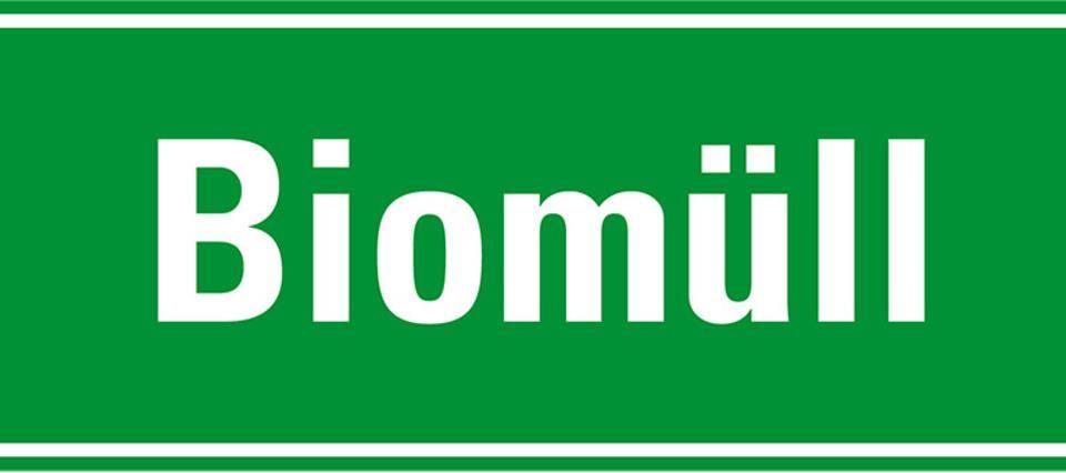 Hinweisschild Biomüll, grün/weiß, Folie, selbstklebend, 297x105mm