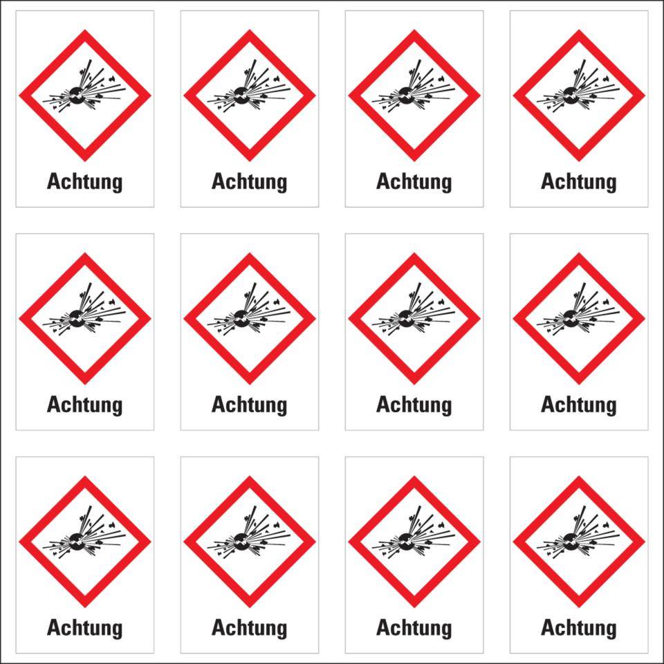 Gefahrensymbol Explodierende Bombe GHS 01, Achtung, Folie, 26x37mm, 12/Bogen, GHS-Verordnung