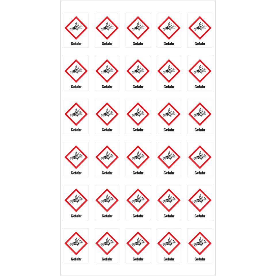 Gefahrensymbol Explodierende Bombe GHS 01, Gefahr, Folie, 18x26mm, 30/Bogen, GHS-Verordnung