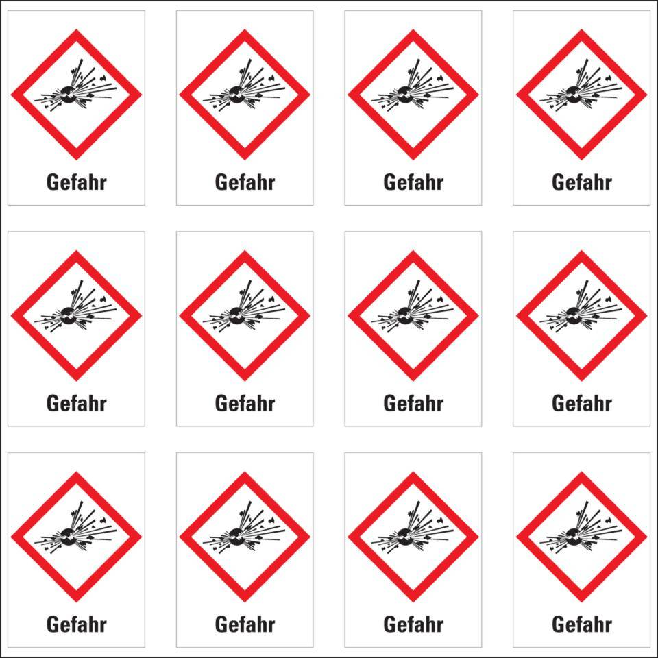 Gefahrensymbol Explodierende Bombe GHS 01, Gefahr, Folie, 26x37mm, 12/Bogen, GHS-Verordnung
