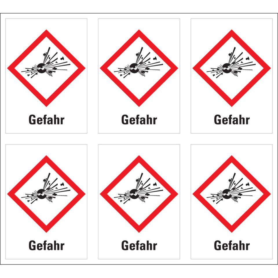 Gefahrensymbol Explodierende Bombe GHS 01, Gefahr, Folie, 37x52mm, 6/Bogen, GHS-Verordnung