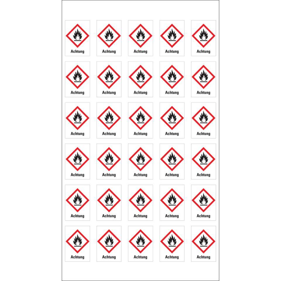 Gefahrensymbol Flamme GHS 02, Achtung, Folie, 18x26mm, 30/Bogen,GHS-Verordnung