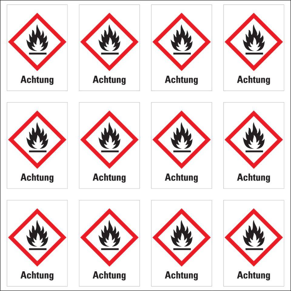 Gefahrensymbol Flamme GHS 02, Achtung, Folie, 26x37mm, 12/Bogen,GHS-Verordnung