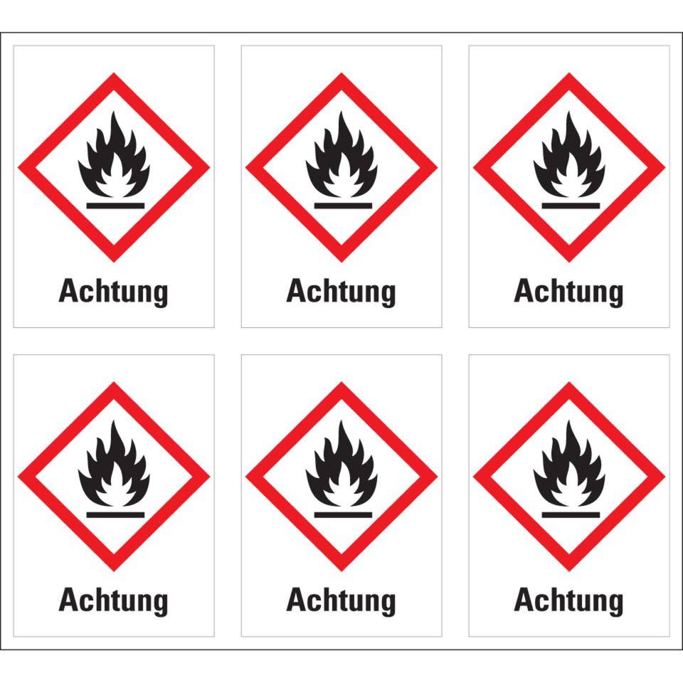 Gefahrensymbol Flamme GHS 02, Achtung, Folie, 37x52mm, 6/Bogen, GHS-Verordnung