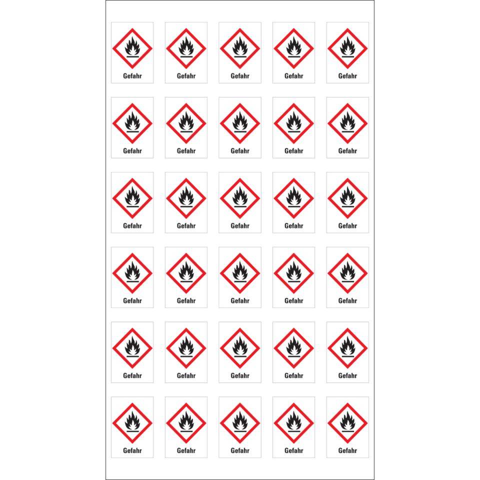 Gefahrensymbol Flamme GHS 02, Gefahr, Folie, selbstklebend, 18x26mm, 30/Bogen, GHS-Verordnung