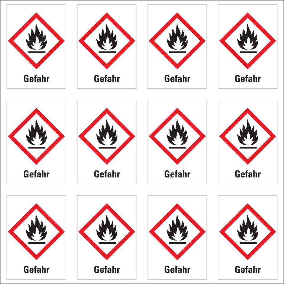 Gefahrensymbol Flamme GHS 02, Gefahr, Folie, 26x37mm, 12/Bogen, GHS-Verordnung