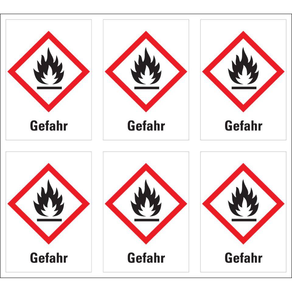 Gefahrensymbol Flamme GHS 02, Gefahr, Folie, 37x52mm, 6/Bogen, GHS-Verordnung