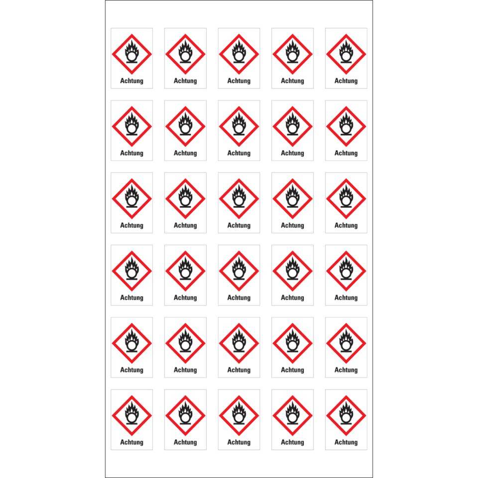 Gefahrensymbol Flamme über Kreis GHS 03, Achtung, Folie, 18x26mm, 30/Bogen, GHS-Verordnung
