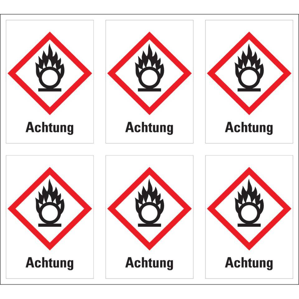 Gefahrensymbol Flamme über Kreis GHS 03, Achtung, Folie, 37x52mm, 6/Bogen, GHS-Verordnung