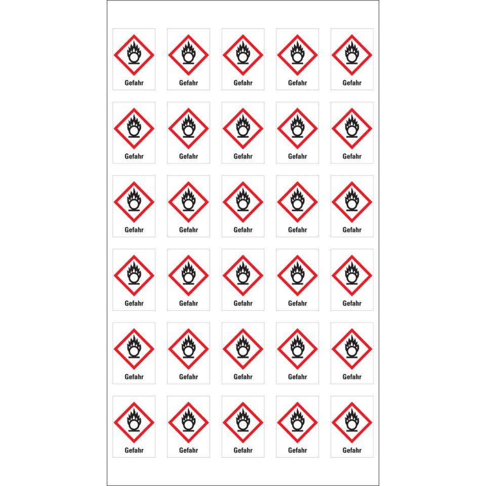 Gefahrensymbol Flamme über Kreis GHS 03, Gefahr, Folie, selbstklebend, 18x26mm, 30/Bogen, GHS-Verordnung