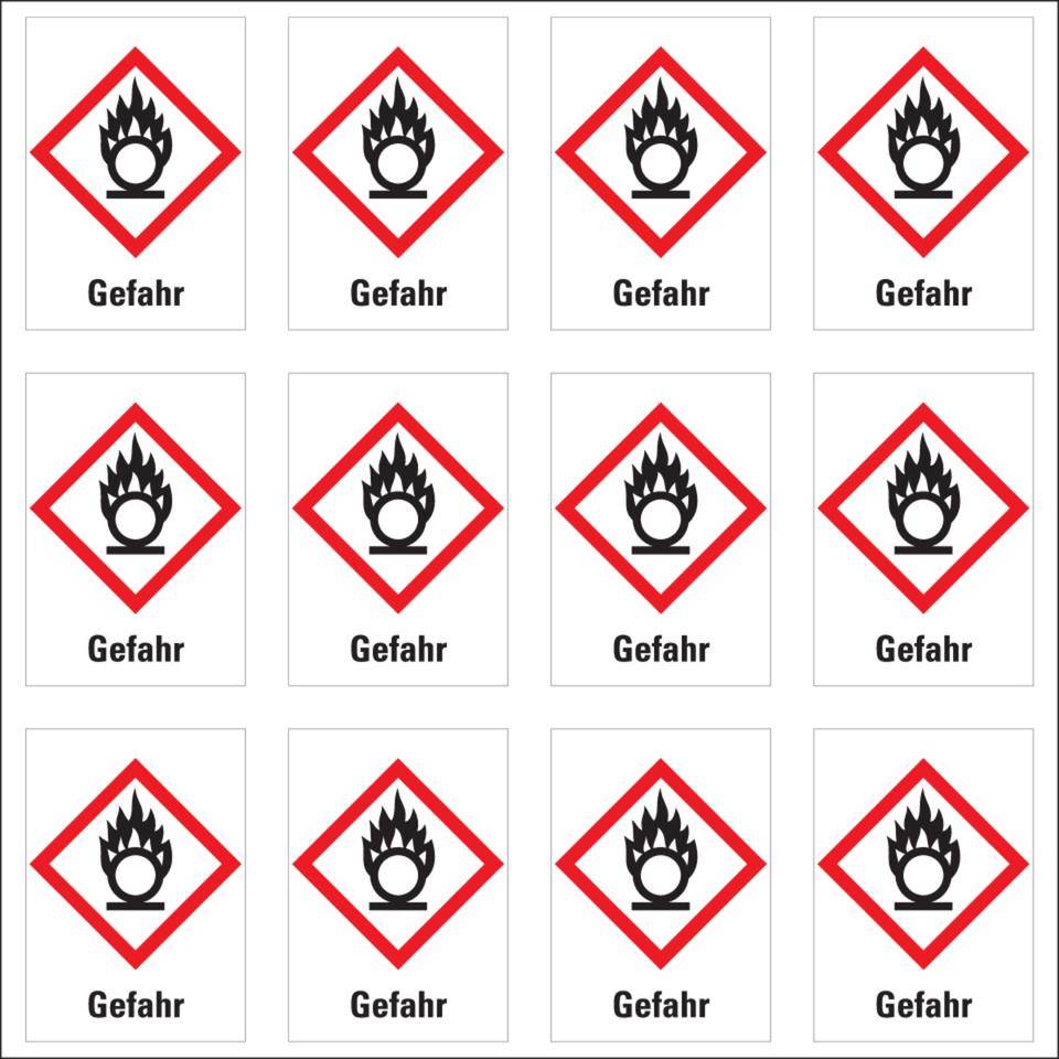 Gefahrensymbol Flamme über Kreis GHS 03, Gefahr, Folie, 26x37mm,12/Bogen, GHS-Verordnung