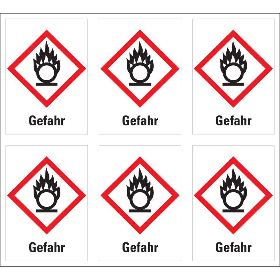 Gefahrensymbol Flamme über Kreis GHS 03, Gefahr, Folie, 37x52mm,6/Bogen, GHS-Verordnung