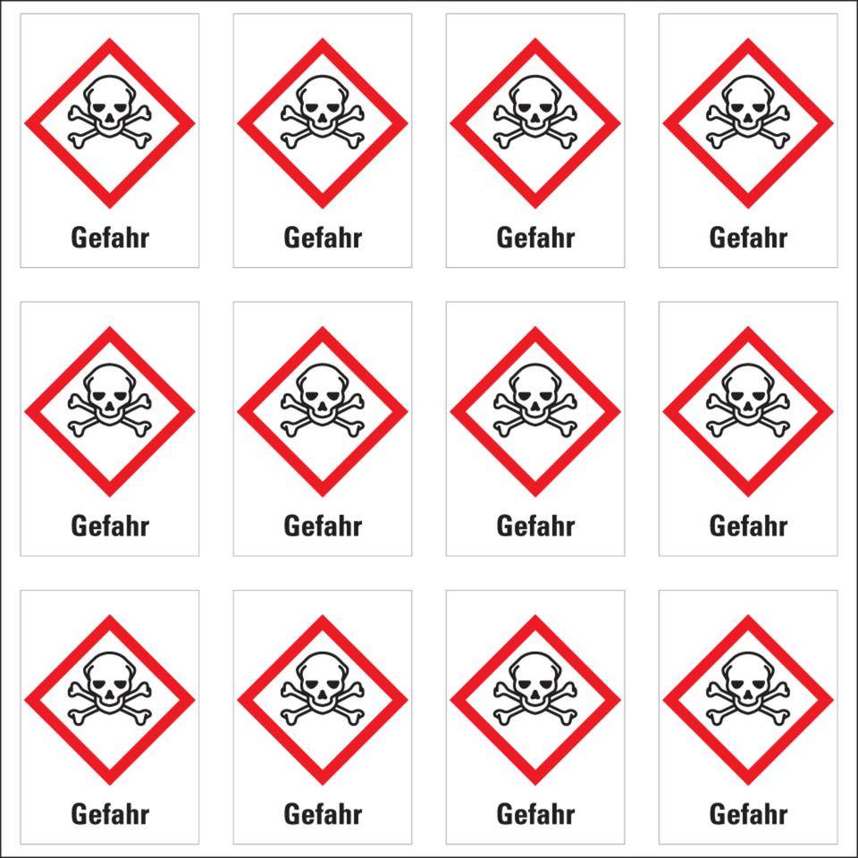 Gefahrensymbol Totenkopf mit gekreuzten Knochen GHS 06, Gefahr, Folie, 26x37mm, 12/Bogen, GHS-Verordnung