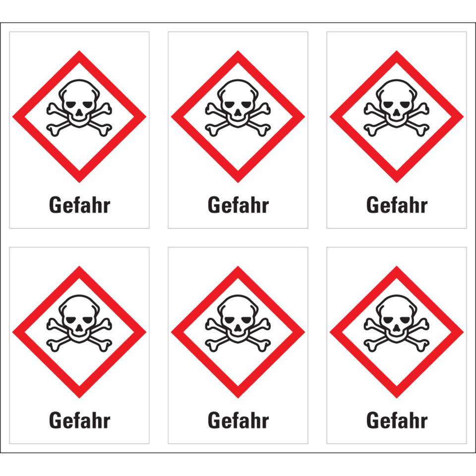 Gefahrensymbol Totenkopf mit gekreuzten Knochen GHS 06, Gefahr, Folie, 37x52mm, 6/Bogen, GHS-Verordnung