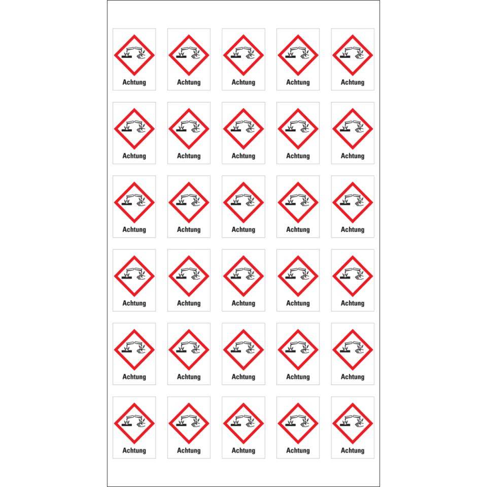 Gefahrensymbol Ätzwirkung GHS 05, Achtung, Folie, 18x26mm, 30/Bogen, GHS-Verordnung