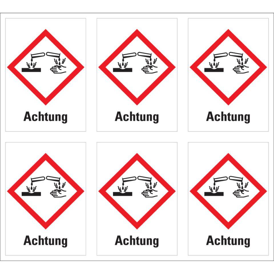 Gefahrensymbol Ätzwirkung GHS 05, Achtung, Folie, 37x52mm, 6/Bogen, GHS-Verordnung
