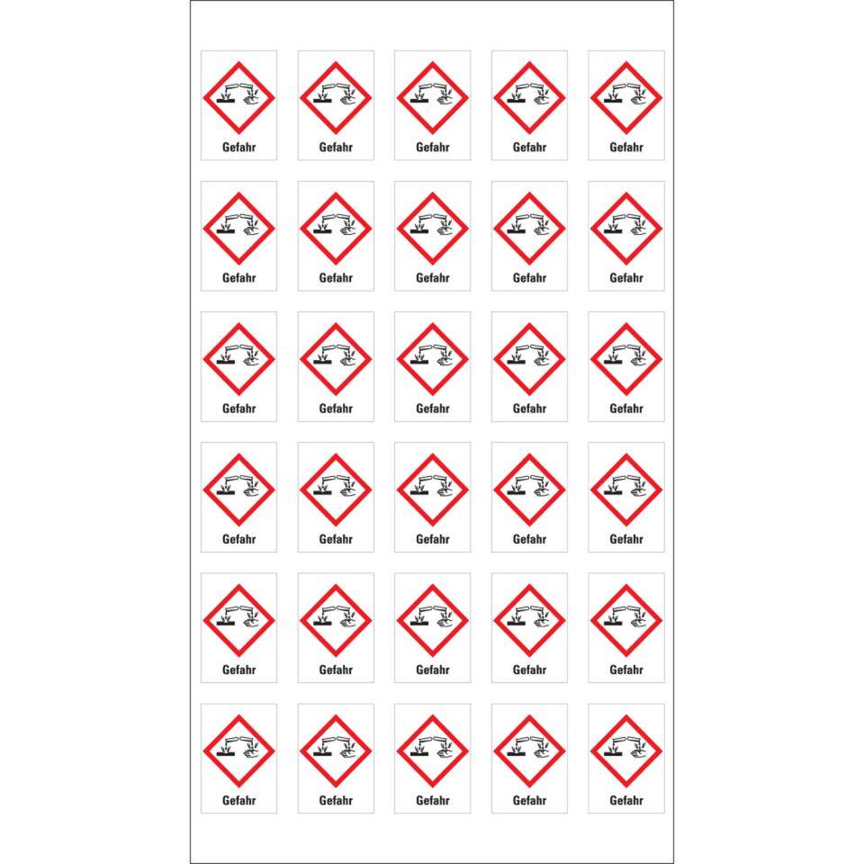 Gefahrensymbol Ätzwirkung GHS 05, Gefahr, Folie, 18x26mm, 30/Bogen, GHS-Verordnung