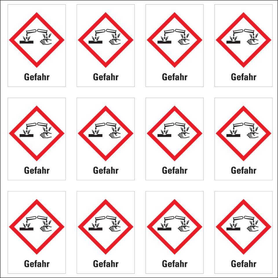 Gefahrensymbol Ätzwirkung GHS 05, Gefahr, Folie, 26x37mm, 12/Bogen, GHS-Verordnung