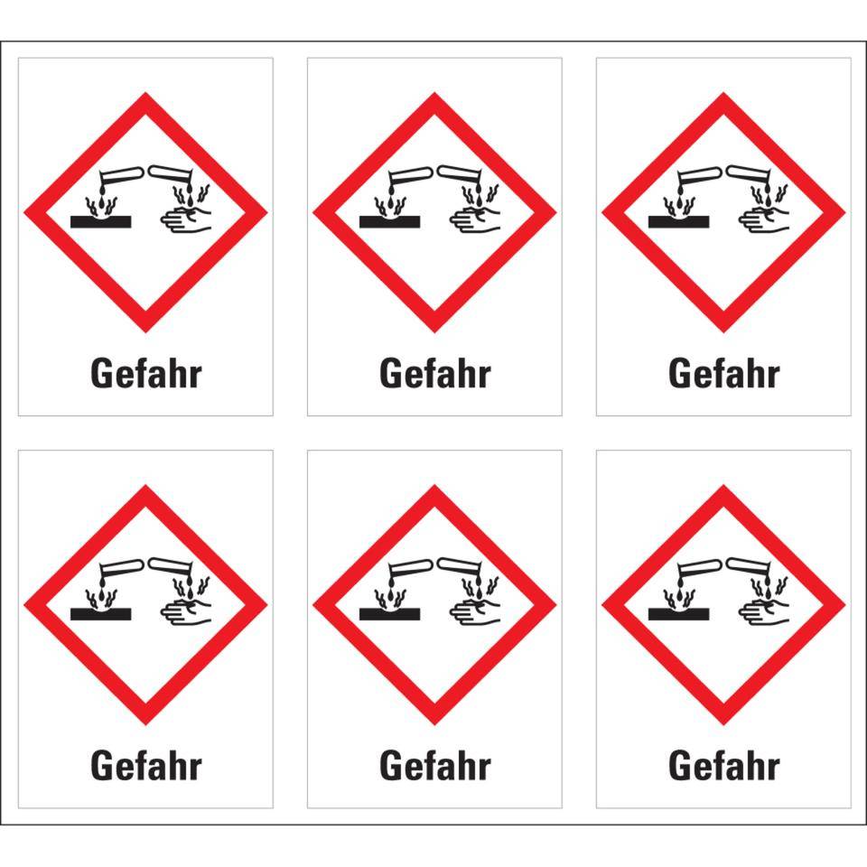Gefahrensymbol Ätzwirkung GHS 05, Gefahr, Folie, 37x52mm, 6/Bogen, GHS-Verordnung