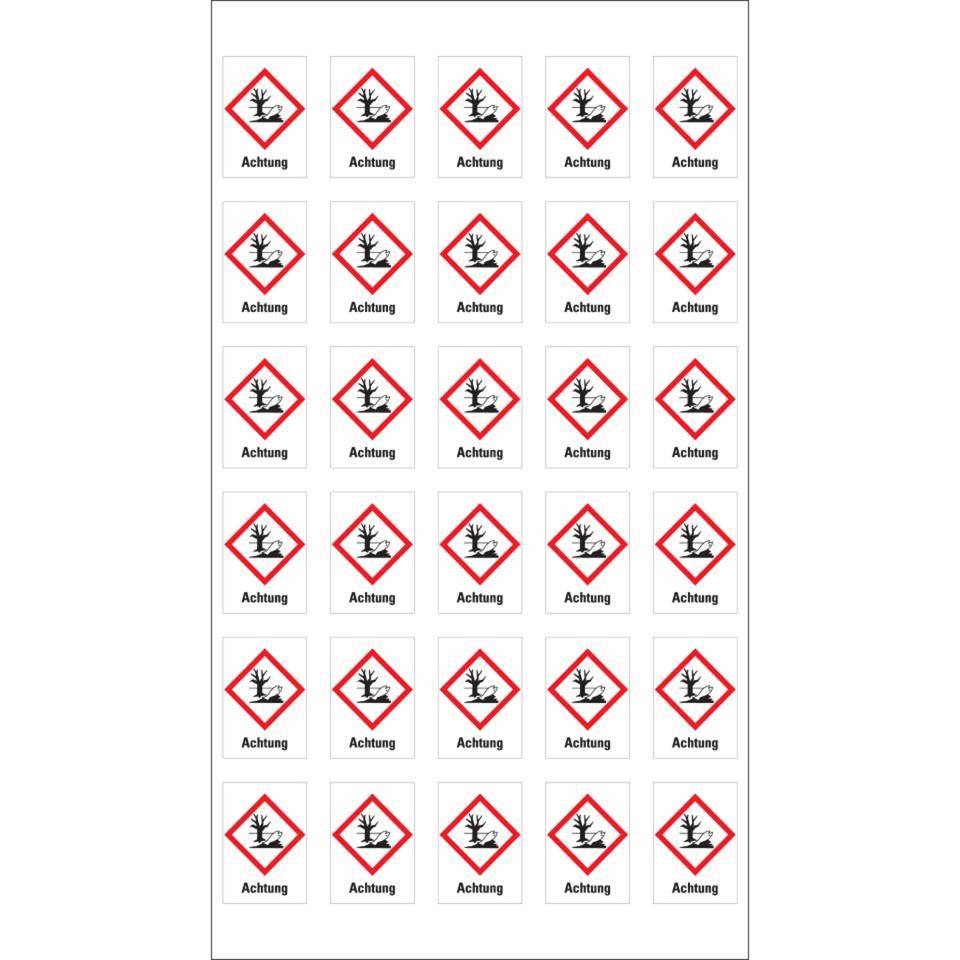 Gefahrensymbol Umwelt GHS 09, Achtung, Folie, 18x26mm, 30/Bogen,GHS-Verordnung