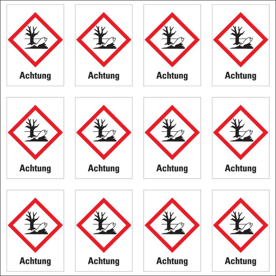 Gefahrensymbol Umwelt GHS 09, Achtung, Folie, 26x37mm, 12/Bogen,GHS-Verordnung