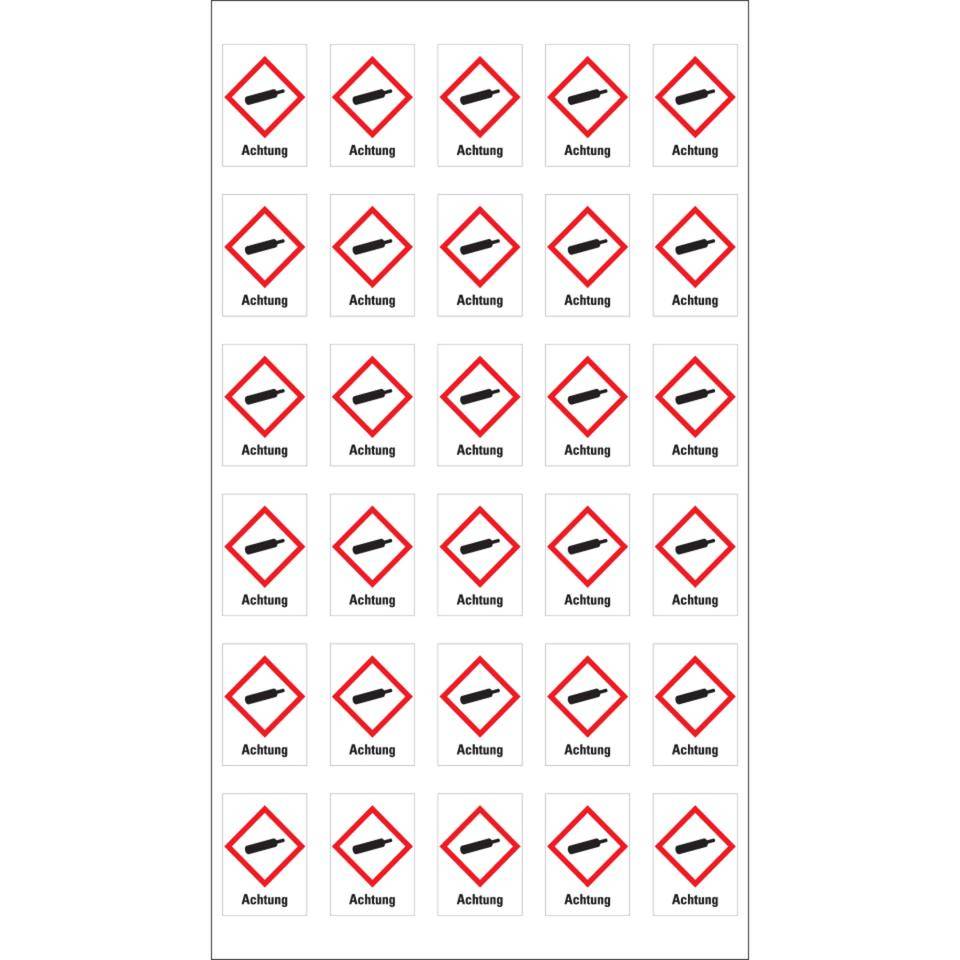 Gefahrensymbol Gasflasche GHS 04, Achtung, Folie, 18x26mm, 30/Bogen, GHS-Verordnung