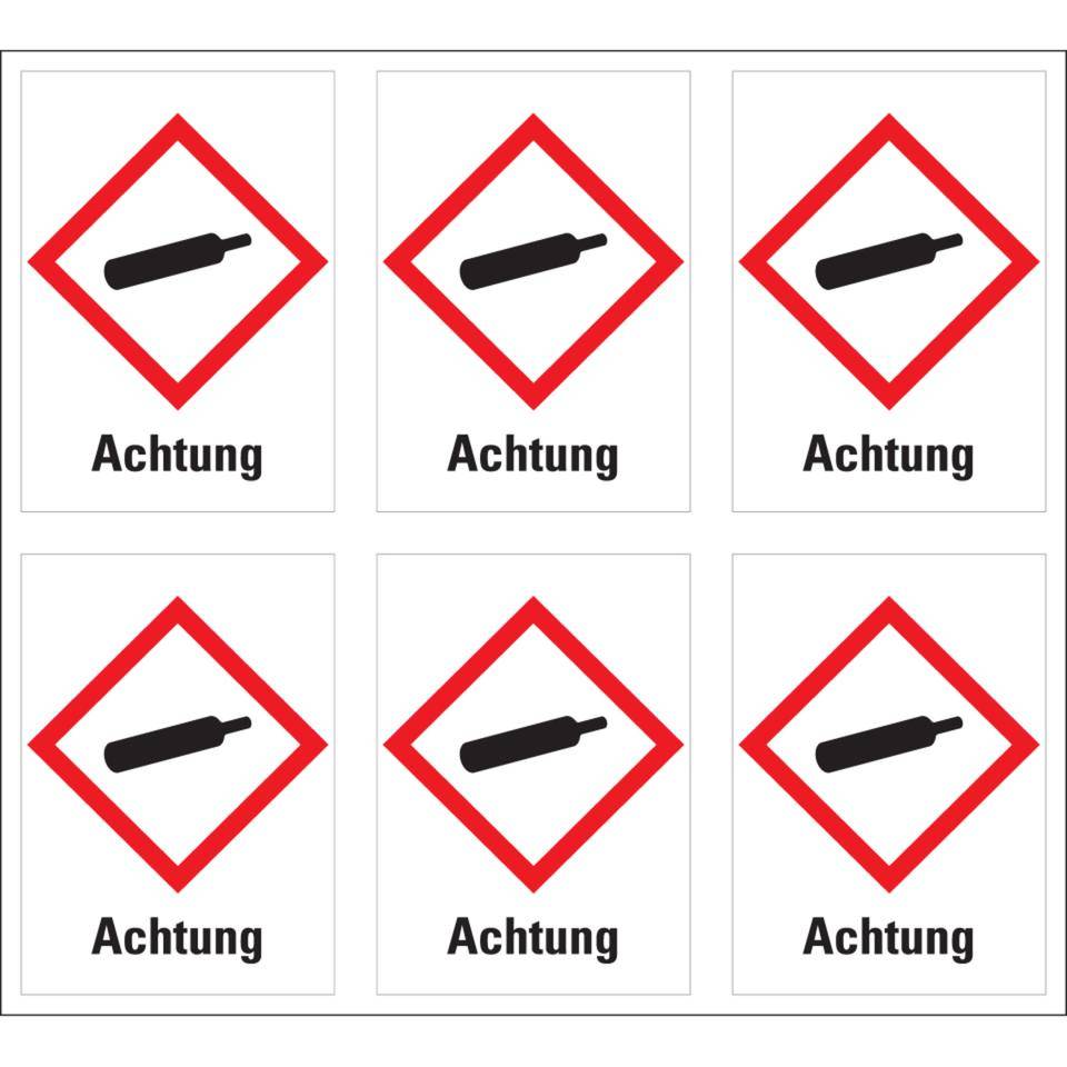 Gefahrensymbol Gasflasche GHS 04, Achtung, Folie, 37x52mm, 6/Bogen, GHS-Verordnung