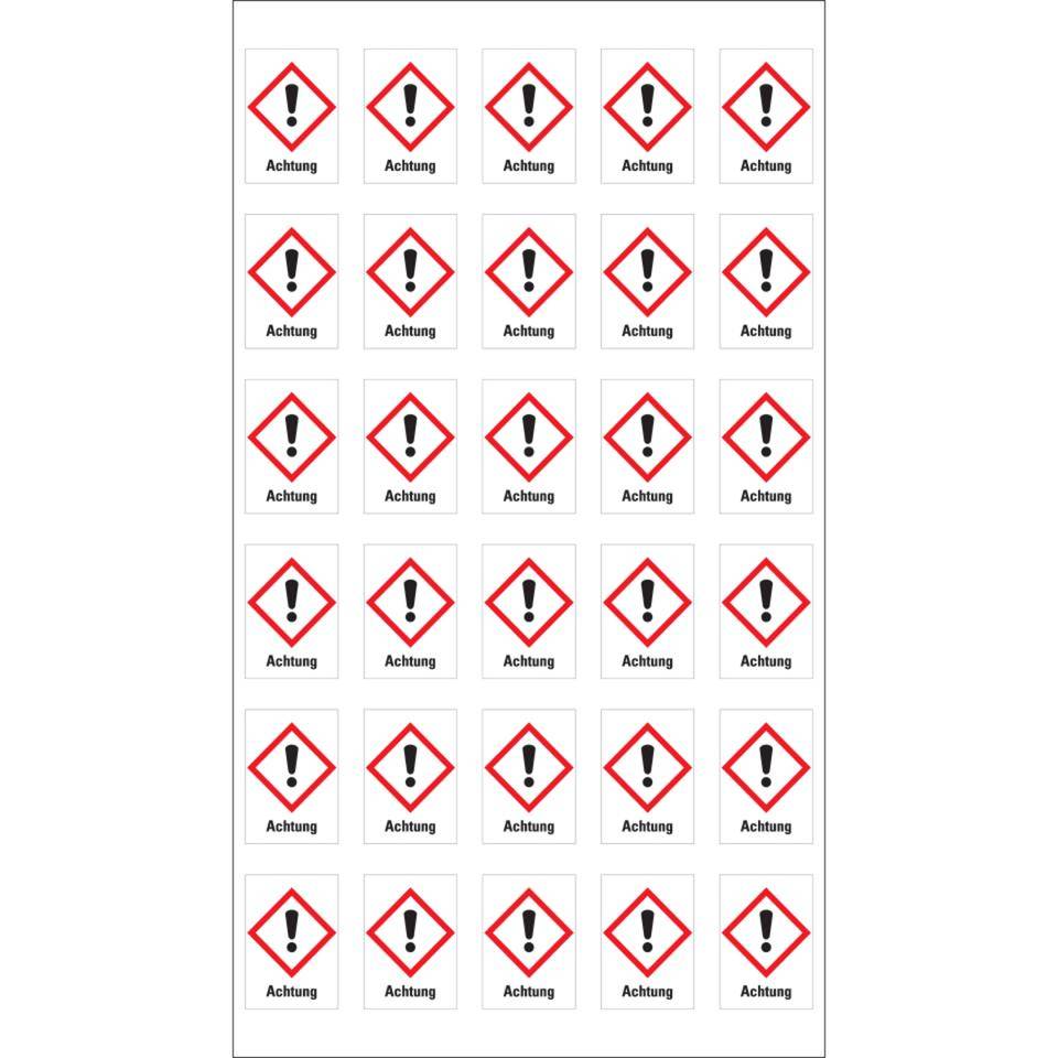Gefahrensymbol Ausrufezeichen GHS 07, Achtung, Folie, 18x26mm, 30/Bogen, GHS-Verordnung