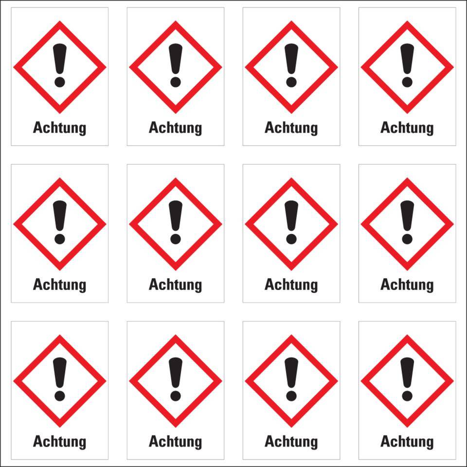 Gefahrensymbol Ausrufezeichen GHS 07, Achtung, Folie, 26x37mm, 12/Bogen, GHS-Verordnung