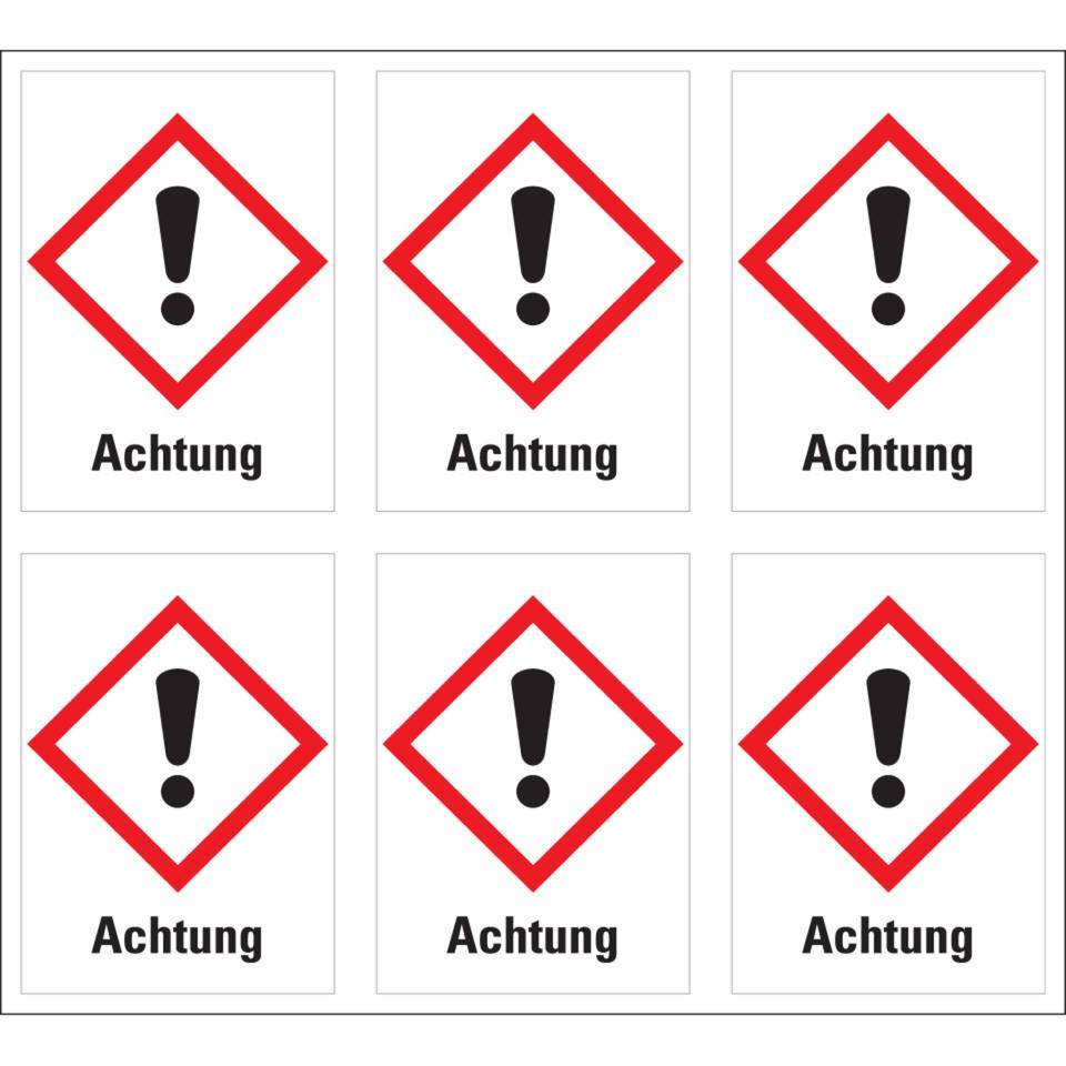 Gefahrensymbol Ausrufezeichen GHS 07, Achtung, Folie, 37x52mm, 6/Bogen, GHS-Verordnung