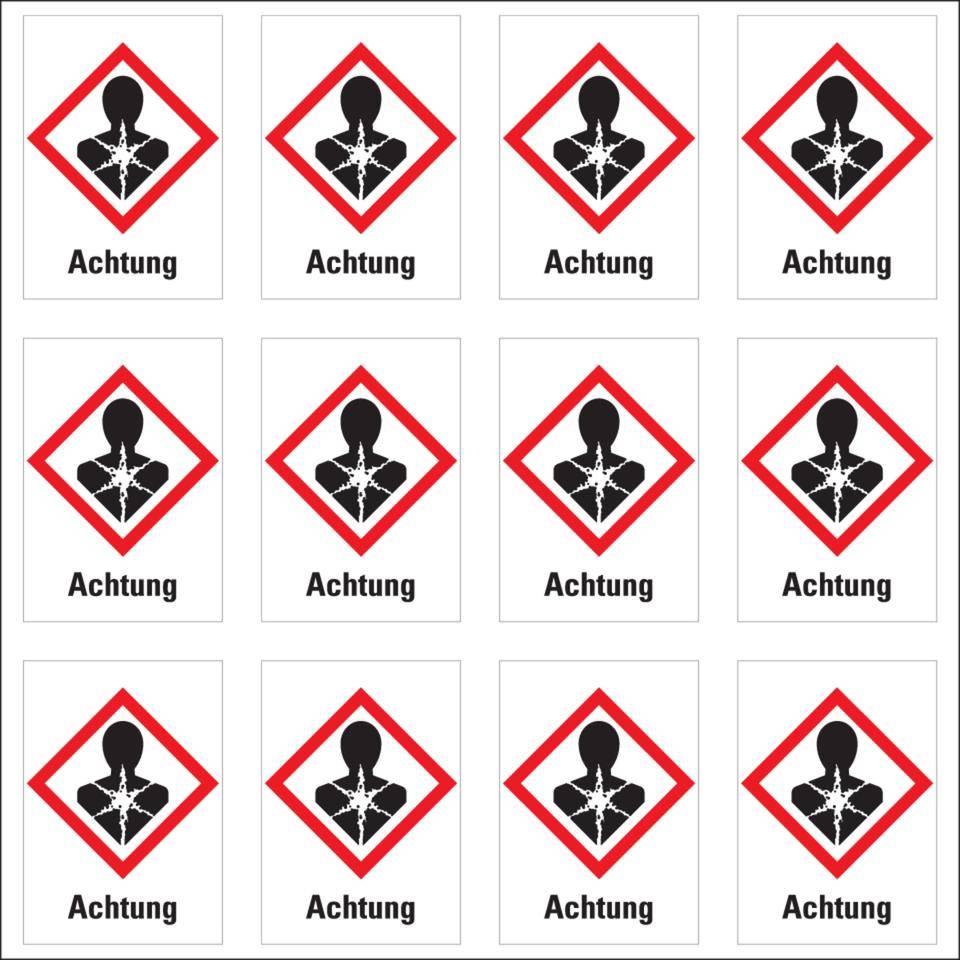 Gefahrensymbol Gesundheitsgefahr GHS 08, Achtung, Folie, 26x37mm, 12/Bogen, GHS-Verordnung