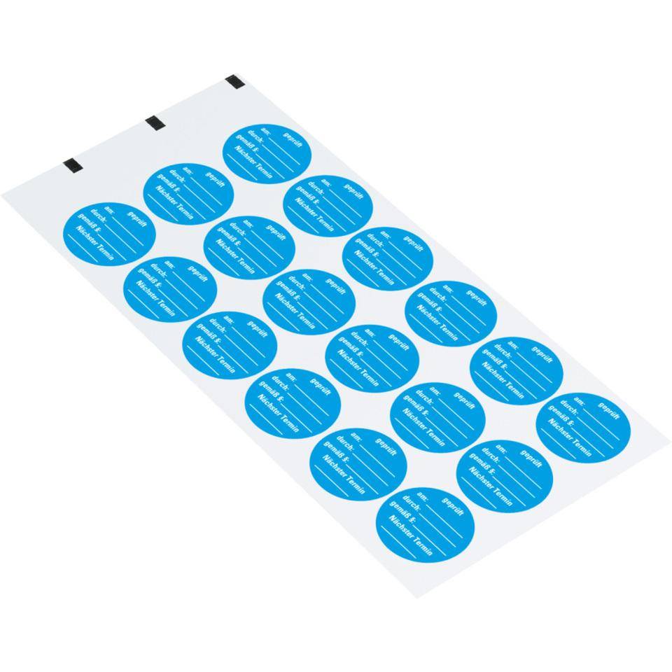 Prüfplakette Geprüft am durch gemäß § Nächster Prüftermin, hellblau, Dokumentenfolie, Ø 30mm, 18/Bogen