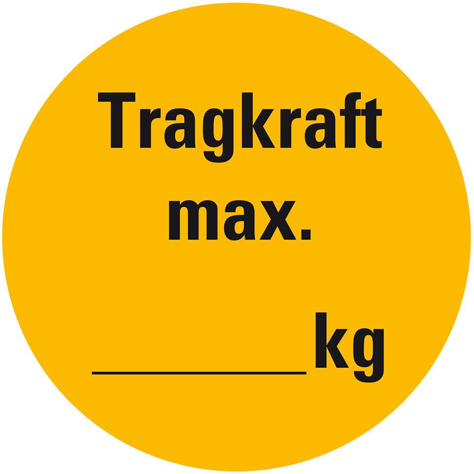 Plakette Tragkraft max..., kg, gelb/schwarz, Dokumentenfolie, selbstklebend, Ø 30mm, 18/Bogen