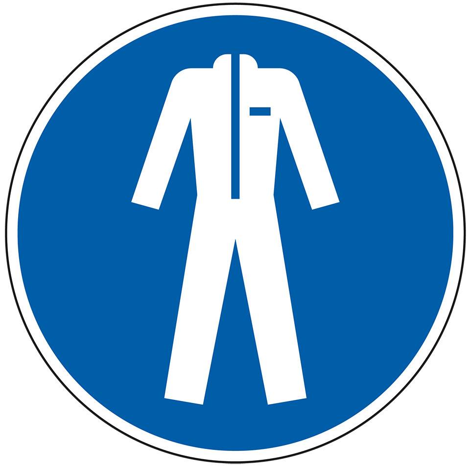 Gebotsschild Schutzkleidung benutzen, Folie, selbstklebend, Ø 100mm, ASR A1.3, DIN EN ISO 7010 M010